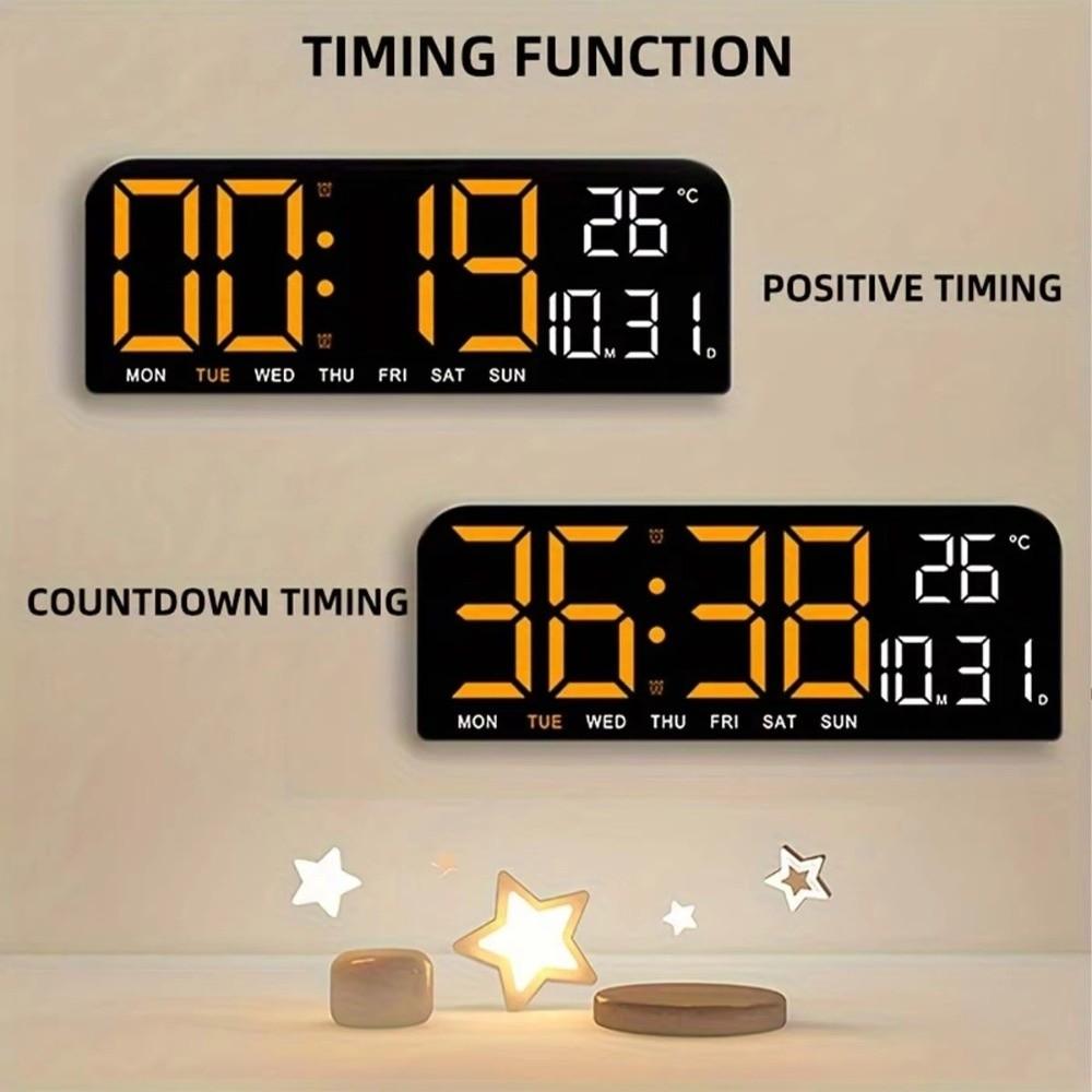 Brightness Adjustment LED Digital Wall Clock 12/24H Format Temperature Display Alarm Clock Auto-Dimmer Countdown Function