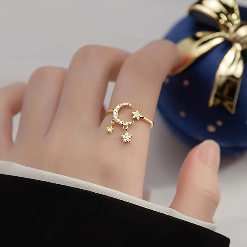 Zircon open moon ring, adjustable artificial pearl ring, zircon open ring, fashionable party jewelry