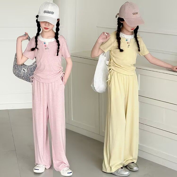 Girls' Summer Set Fashionable and Casual Children's Summer Short Sleeved Wide Legged Long Pants Two-piece Set
