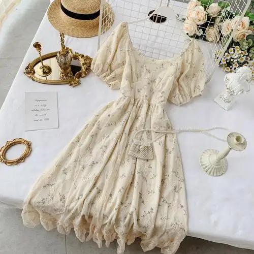 Summer Fairy Dress Women French Style Vintage Retro Chiffon Dress Puff Sleeve Casual Elegant Floral Print Dress Women 2024 New