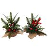 Small Christmas Artificial Plants with Burlap Base Faux Pine Branches with Red Berries/Poinsettias Flower for Winter Indoor Home