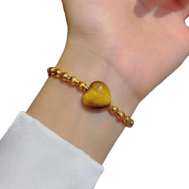 Gold-Plated Tigers Eye Heart Cats Bead Bracelet Women Men Layered Stylish Boho Charm Jewelry