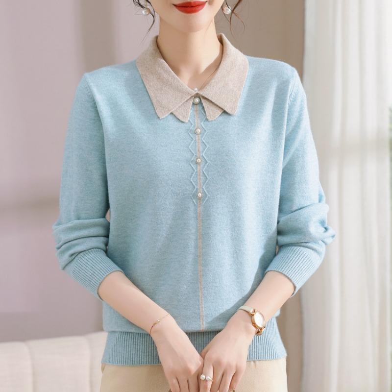 Mom Autumn Knitted Sweater Bottom Lapel New Top Medium and Old Women's Sweater Outer T-shirt Women