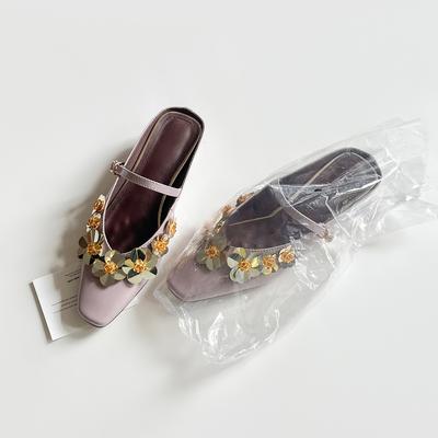 Овчина темперамент квадратная голова цветок танкетка высота каблука Мэри Джейн одинарная обувь мелкий вырез слово с сумкой голова полушлепанцы женские