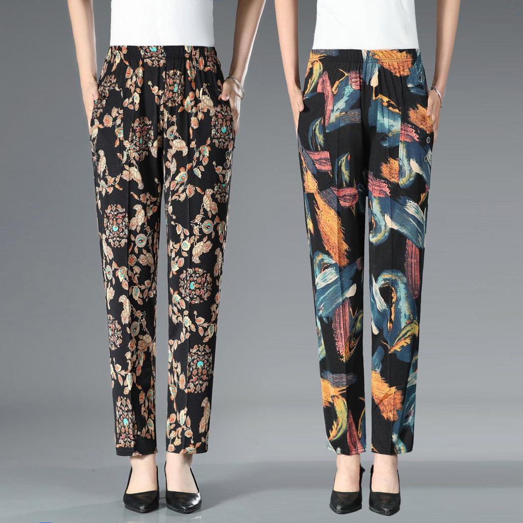 Летние брюки с цветочным принтом для женщин среднего и пожилого возраста. Эластичные брюки с высокой талией и цветочным принтом больших размеров для женщин среднего возраста.