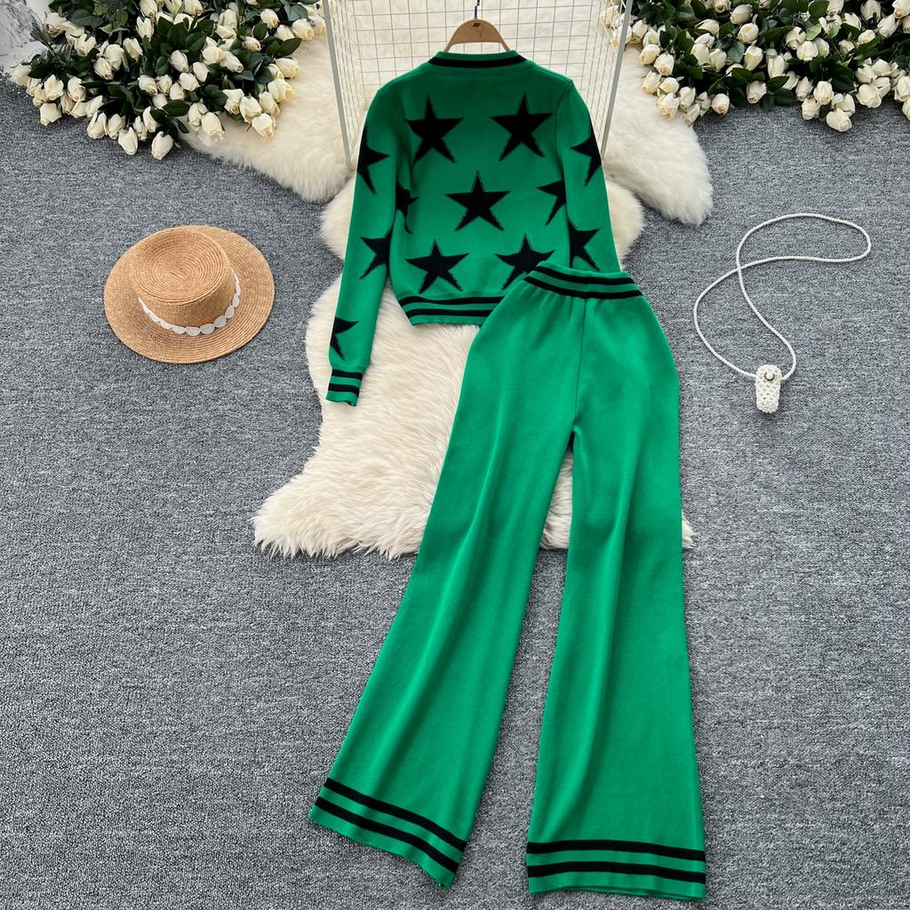 Осенне-зимний комплект из вязаного свитера с принтом звезд, женская куртка с длинным рукавом, пальто + брюки, спортивный костюм из двух частей