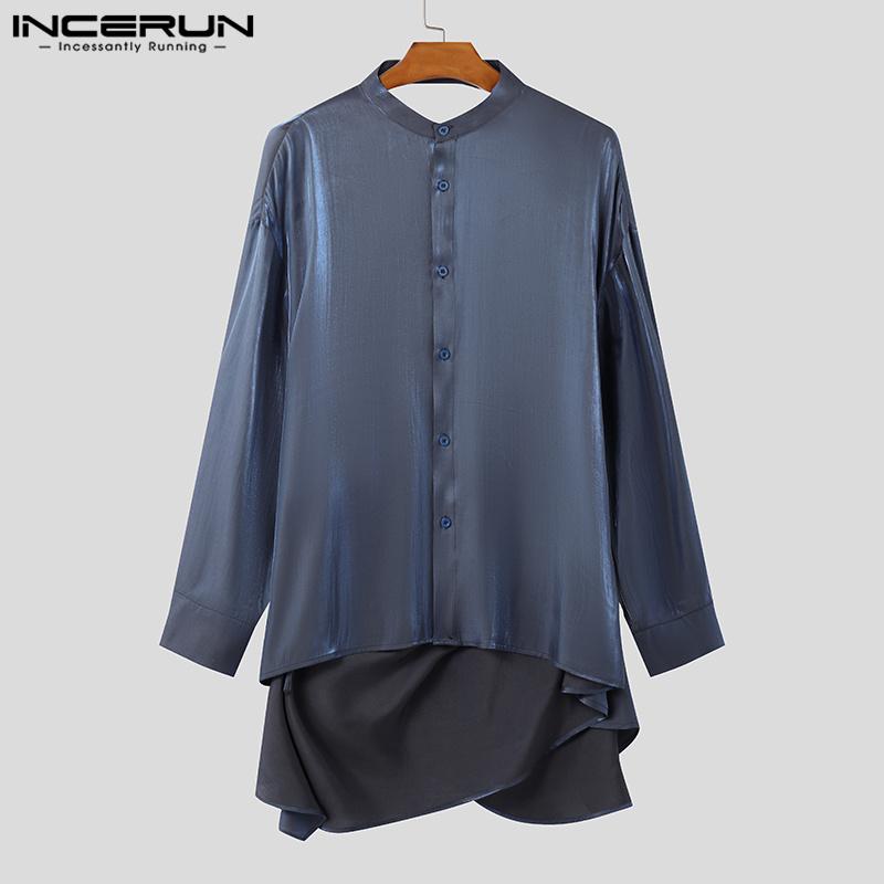 INCERUN Мужские рубашки с блестками, с длинным рукавом, на пуговицах, однотонные, с открытой спиной, бандажные топы