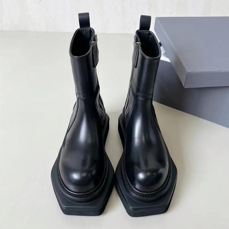 Мода 2025 Новые Женские Ботильоны Модные Квадратный Носок Задние Молнии Зимние Женские На Плоской Подошве Каблуки Высокое Качество Женские Кожаные Ботинки Обувь