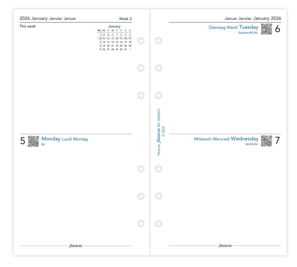 Filofax System Planner Refill, 2026, January Start, Bible, 4-Day Spread, White, 26-68423, Official Import