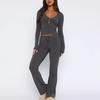 2026 Spring Fall Women's 2 Piece Outfit Long Sleeve Button Up Solid Slim Top with Long Pants Lounge Set