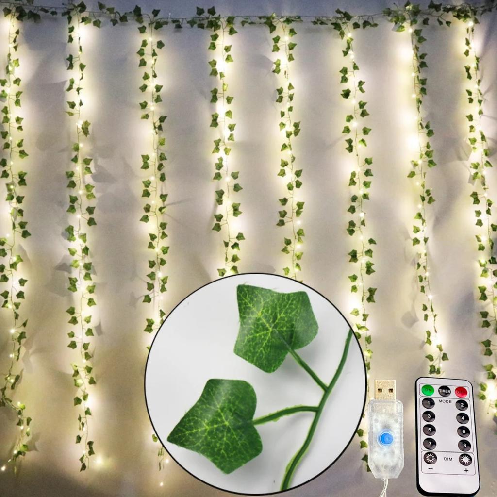 USB Maple Leaf Curtain Lights Artificial Garland Ivy Green Leaves Hanging Plants for Room Garden Party Wedding Wall Decoration