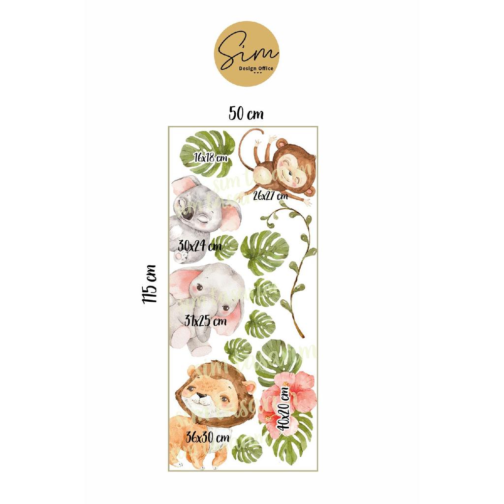 - Door Sticker - Watercolor Tropical Safari Animals Kids Room Door Sticker Set