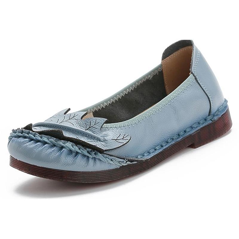 Spring Autumn Genuine Leather Shoes Women Loafers Leaf Style Soft Fashion Brand Flat Cow Leather Shoes Blue Black Yellow Plus Size 41