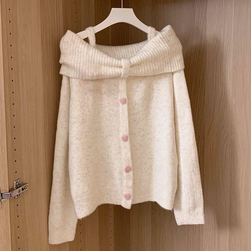 2025 Sweet Off-Shoulder Knit Sweater for Women - Korean Autumn/Winter Style