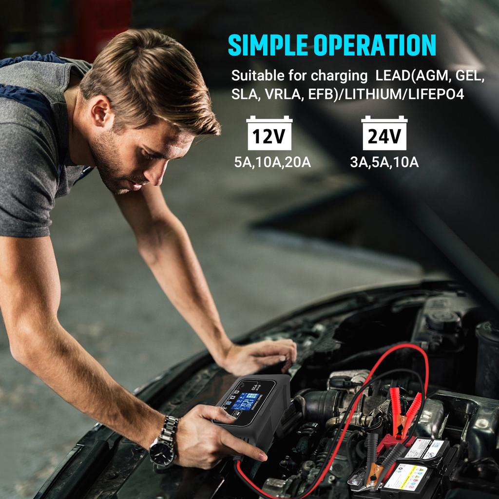 P20 15A/20A/25A/35A Автомобильное зарядное устройство 12 В 24 В Интеллектуальное зарядное устройство для свинцово-кислотных PB AGM LiFePO4 аккумуляторов Автоматическое зарядное устройство для мотоциклов