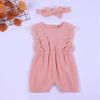 Summer Baby Girl Rompers Baby Solid Lace Design Clothes Linen Ruffles Toddler Flare Sleeve Jumpsuit Headband One-Pieces