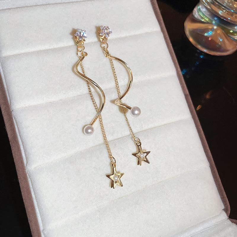 New Fashion Trend Unique Design Elegant Delicate Zircon Pentagram Tassel Pearl Ear Ladies High Jewelry Party Gifts Wholesale