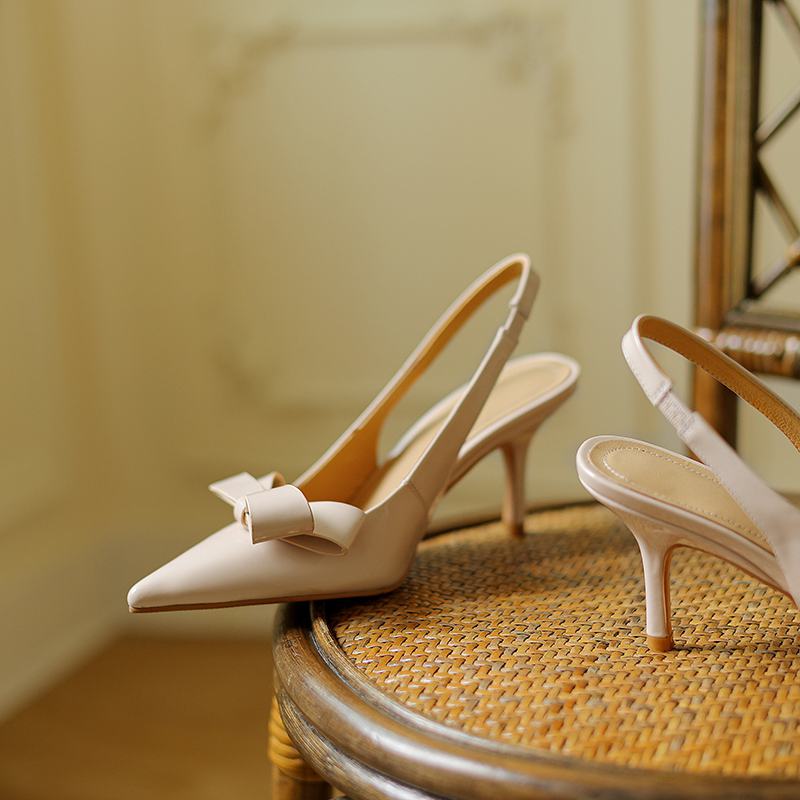 Cow Leather Pointed Toe Stiletto High Heels Autumn Summer Slip On Shoes Bowtie Decorations Women Shallow Sandals