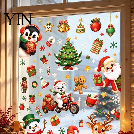 Winter Seasonal Room Decor 6Pcs Christmas Window Cling, Santa Snowman Penguin Reindeer Static Glass Cute Cartoon Adhesives Decals for Storefront,