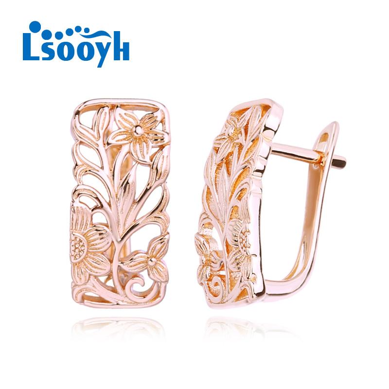 LSOOYH Clip Earrings Rose Gold Color Fashion Earring For Women Hollow Square Flower Stud Earrings Jewelry