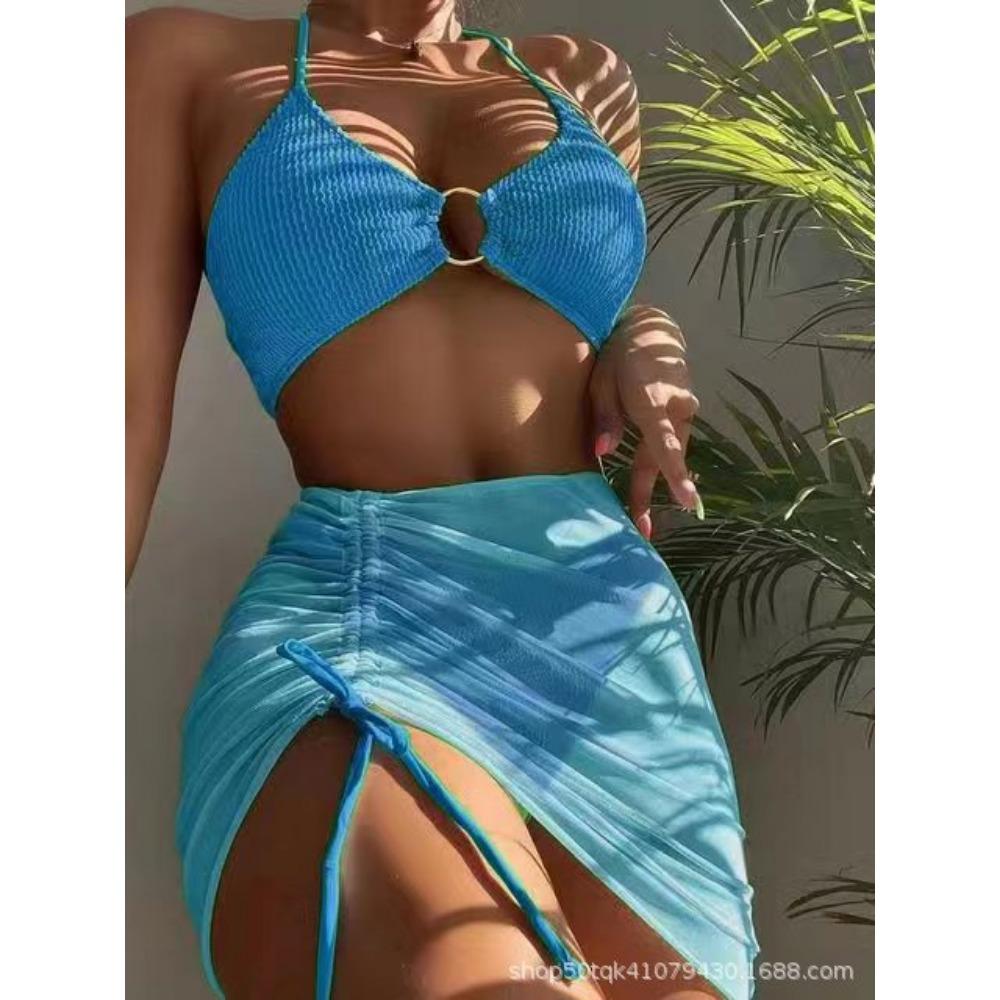 European and American Split Swimsuit Women's Slim-Fit Solid Color Sexy Swimsuit Halter Three-Piece Bikini