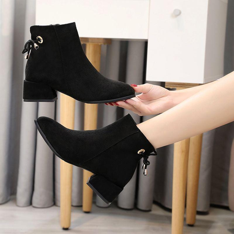 Элегантные женские ботильоны на среднем каблуке, замшевые короткие туфли для женщин, черная обувь, стильное предложение, весна 2024 г.