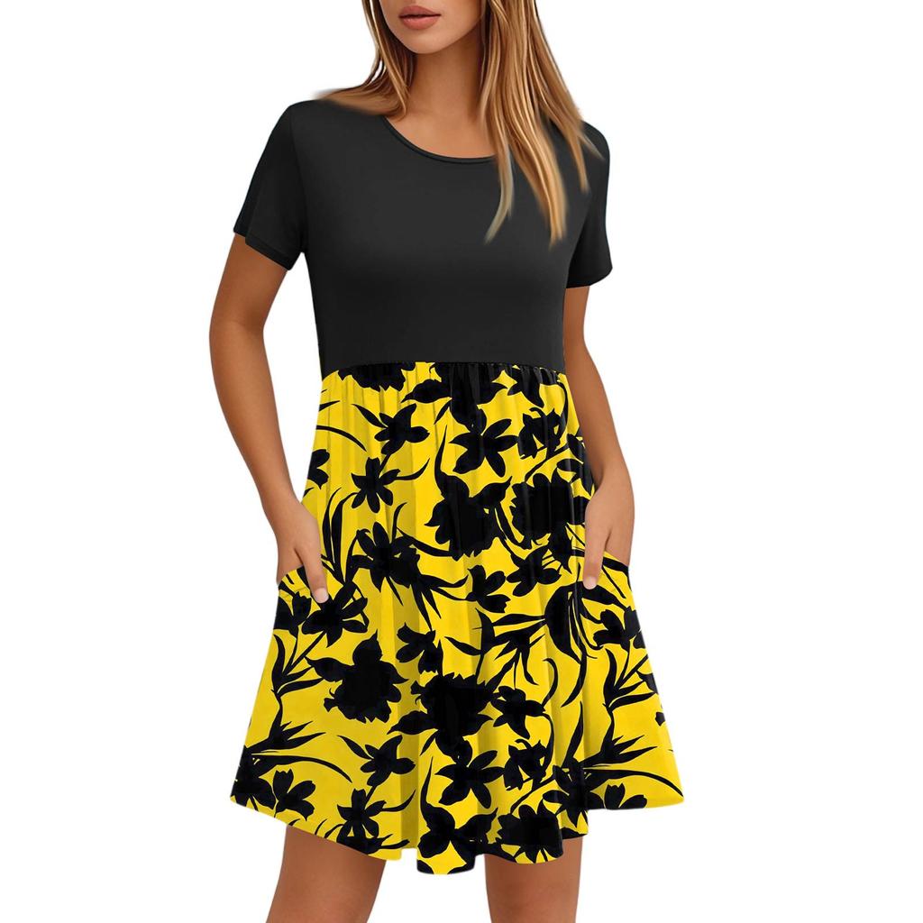 Женские модные повседневные свободные платья с круглым вырезом и коротким рукавом с принтом и карманами