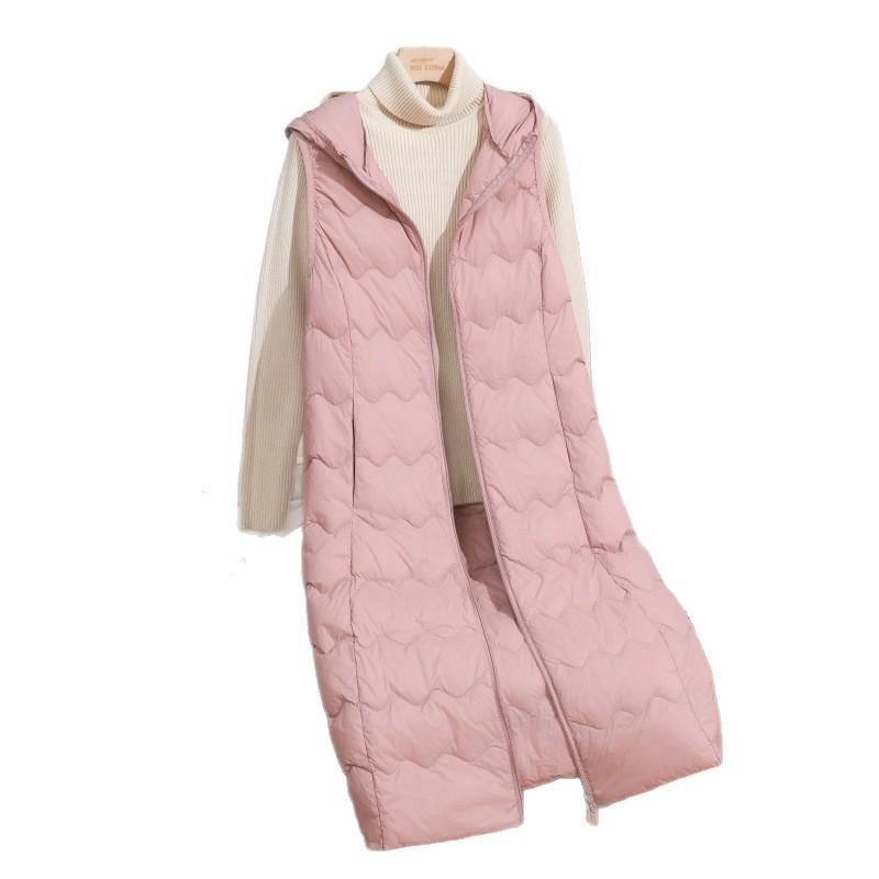 2025 Осень/Зима Большой размер Легкий длинный жилет из белого утиного пуха до колена с капюшоном и волнистым узором