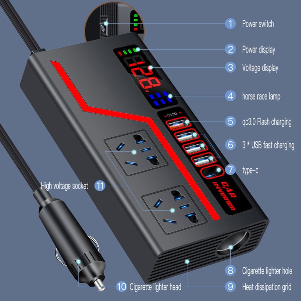 Многопортовый автомобильный инвертор 2000 Вт DC 12V24V в AC 220V для смартфонов и ноутбуков
