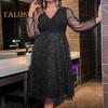 Plus Size Evening Dress Dot Pattern Double-layered Hem Mesh Sleeve Slim Fit V Neck A-line V Neck Prom Party Midi Dress