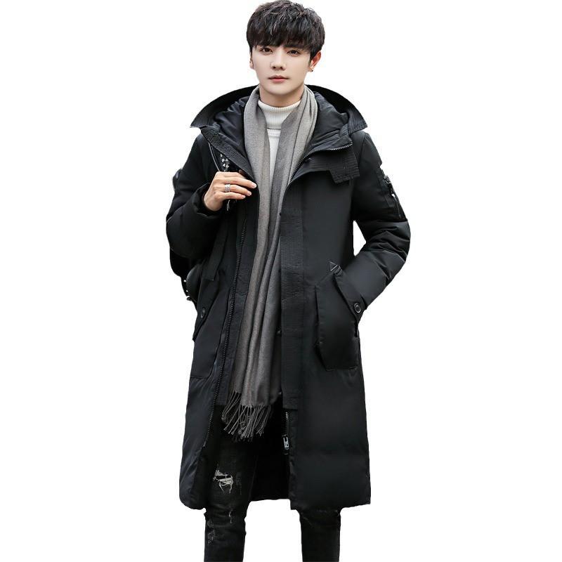 Mens Long Winter Down Jacket Youth Casual Thick Hooded Coat Solid Color Warm Outerwear