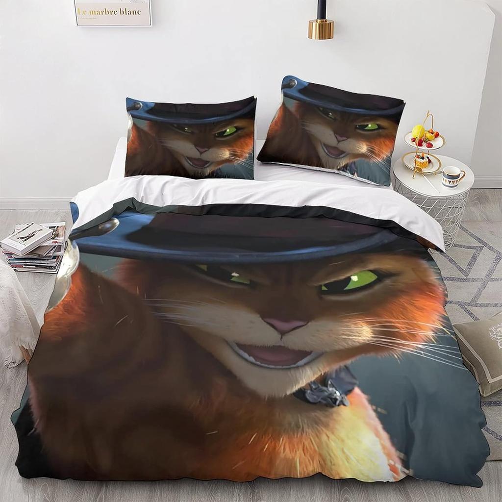 Cartoon Puss in Boots Duvet Cover Pillowcase Bedding Set Adult Boys Girls Bedroom Decoration Single Double Size