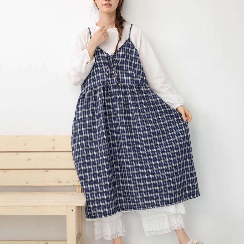 2026 Spring/Summer Mori Girl Lace-up Plaid Maxi Dress - Versatile Layered Camisole Skirt
