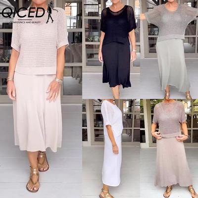 Комплект платья и вязаной юбки с гравировкой QICED: Повседневный однотонный вязаный свитер-платье с круглым вырезом