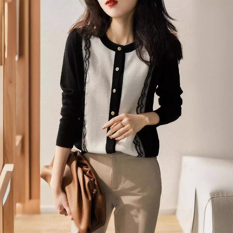 Весна Осень Круглый вырез Кружевная вставка Однобортное Вязаное пальто Женский Кардиган с длинным рукавом Топ