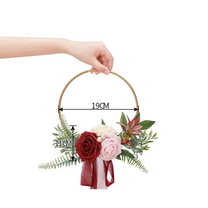 Bridesmaid Gold Hoop Bouquet for Wedding Bridal Shower Ceremony Artificial Rose Flower Hoop Wreath Front Door Wall Decoration