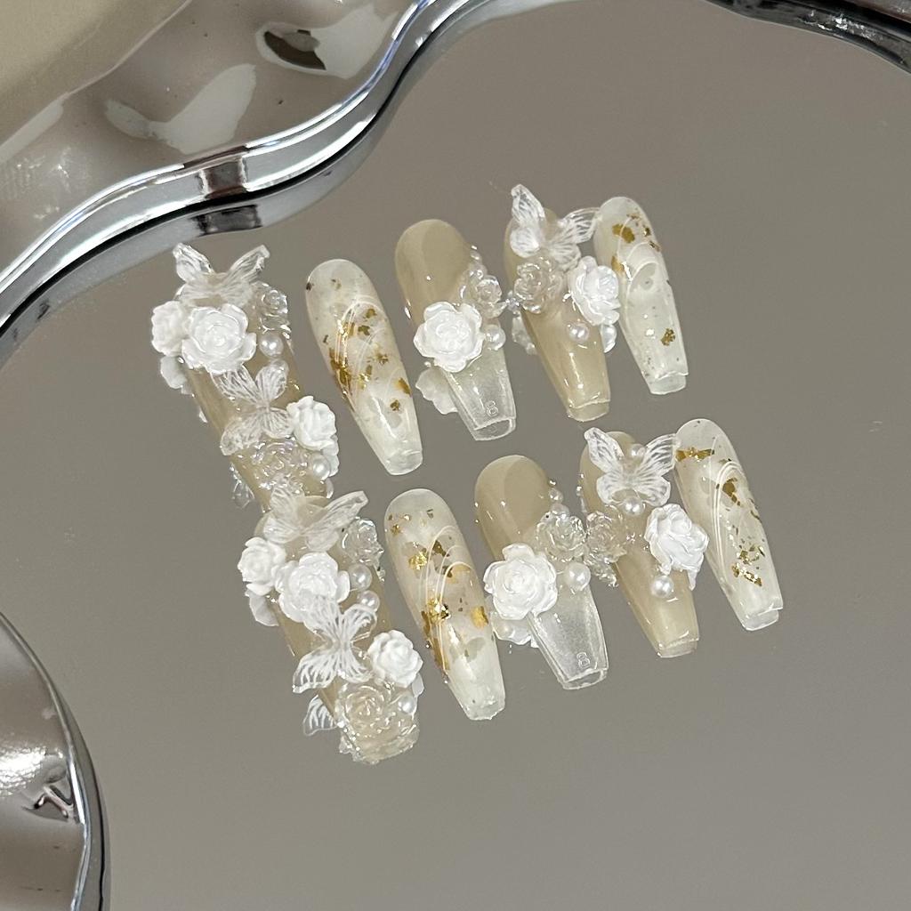 Camellia and butterfly press-on nails; detachable, elegant, and skin-brightening false nails; handmade wearable nail tips.