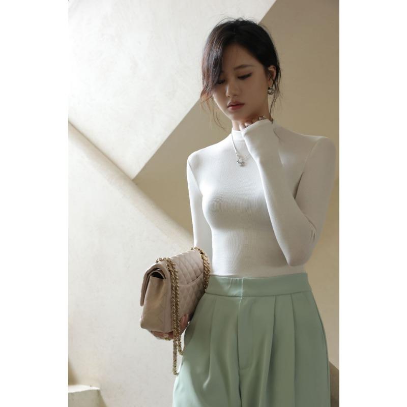 Women's Autumn Slim Bottom Half High Neck Thin Long Sleeve Top