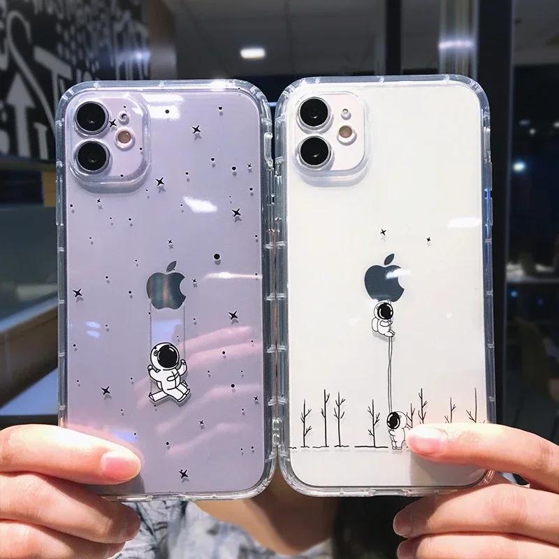 Забавный Мультяшный Чехол Астронавт для Телефона iPhone 16 15 14 13 12 11 Pro Max Mini X XS XR 7 8 Plus Ударопрочный Прозрачный Мягкий Чехол