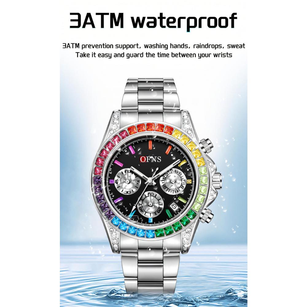 Rainbow Diamond Chronograph Men's Watch Six Pin Quartz Movement Waterproof Calendar Night Light Luxury Men's Watch