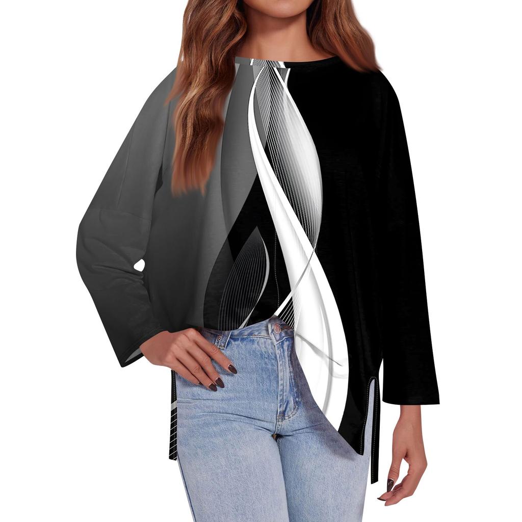 Женская модная свободная футболка большого размера с круглым вырезом и длинным рукавом, с геометрическим узором по бокам, с принтом, повседневный топ