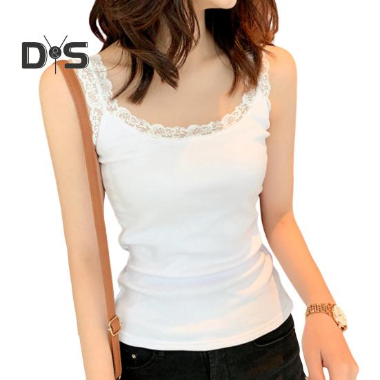 Женская туника с кружевной отделкой, топ без рукавов на тонких бретельках, летняя майка с круглым вырезом, майки
