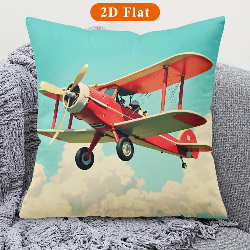 Vintage Red Biplane Pillowcase Retro Airplane Cushion Cover Classic Aviation Decor for Sofa Bedroom Living Room