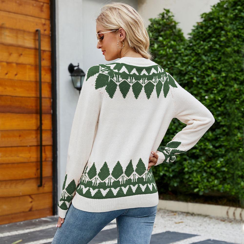 Autumn and Winter Women's Sweater Vintage Jacquard Knit Sweater Ladies Round Neck Long Sleeve Pullover Sweater