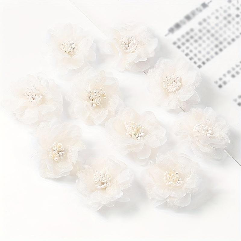 10pcs of Transparent Hard Tulle Ribbon Flowers, 4.5 Cm Hibiscus Tulle Flowers with Centers for DIY Craft Appliqué Fabric Hat Wedding Party Decorations