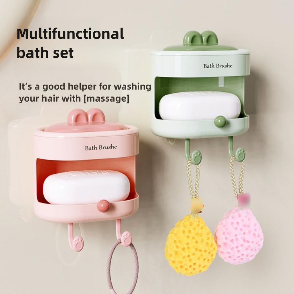 3 In 1 Soap Holder Back Scrubber Kit Wall Mount Comfortable Soap Box with Soft Brush with Hooks Creative
