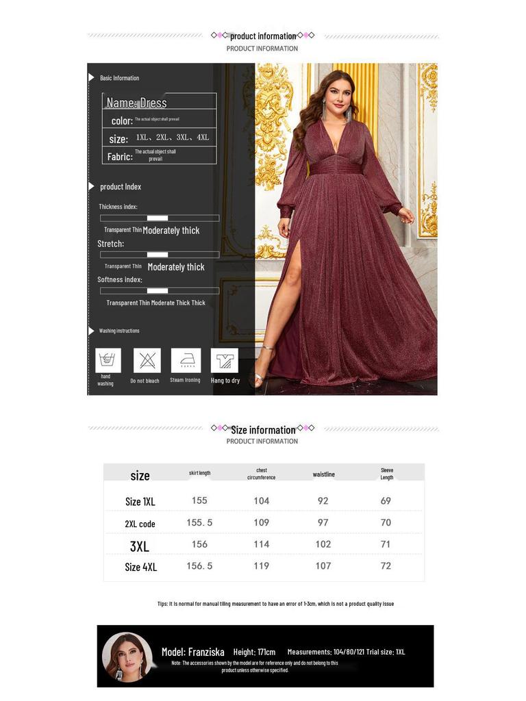 Plus Size Women's Deep V-Neck Lantern Sleeve Evening Gown with Slit - FMGN1043