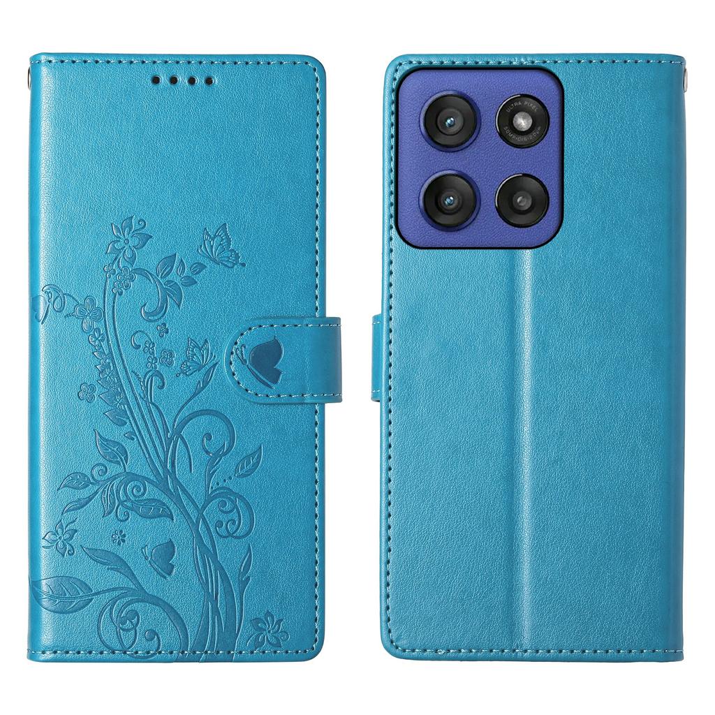 For Motorola Moto G56 5G Wallet Case Butterfly Floral Imprint PU Leather Phone Cover with Wrist Strap