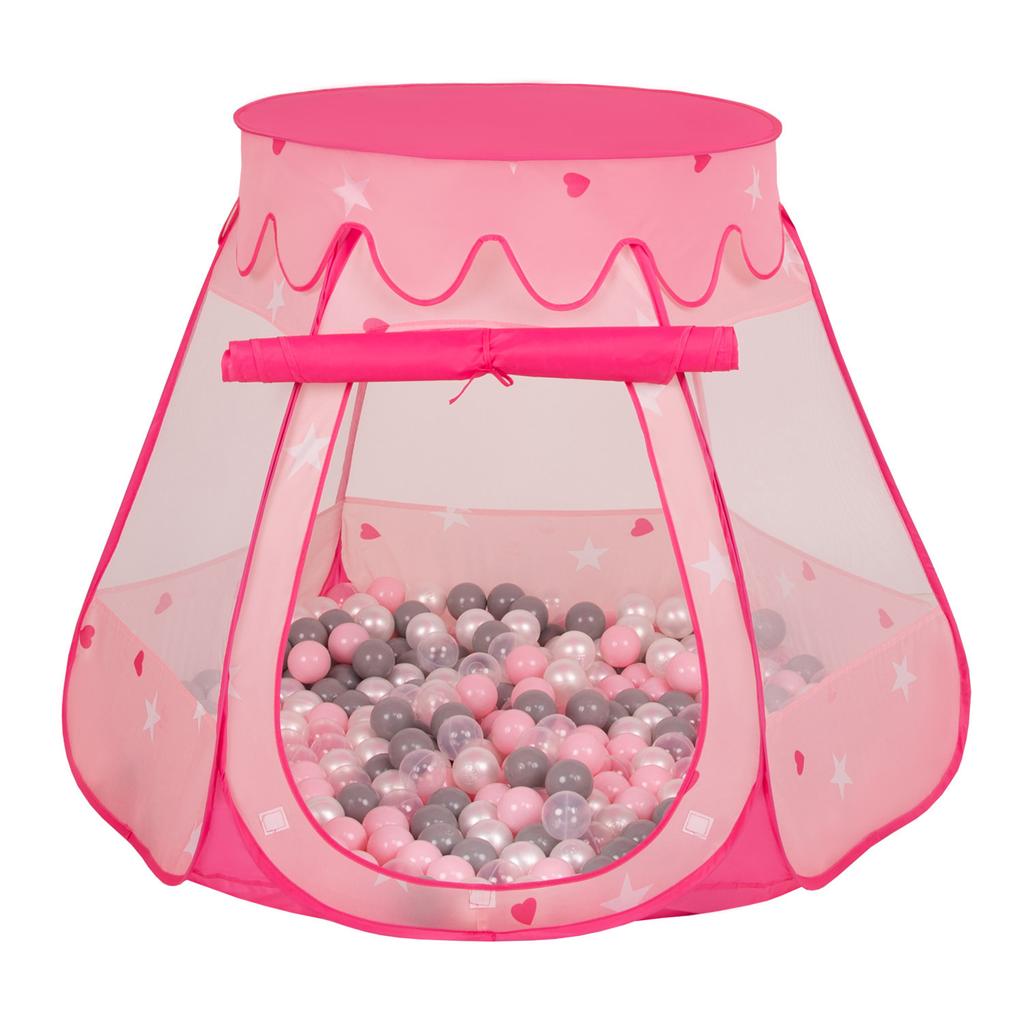 Selonis Play Tent 105x90cm/100 Balls Castle House Pop Up Ballpit Plastic Balls for Kids, Pink:pearl-grey-transpa-powder Pink