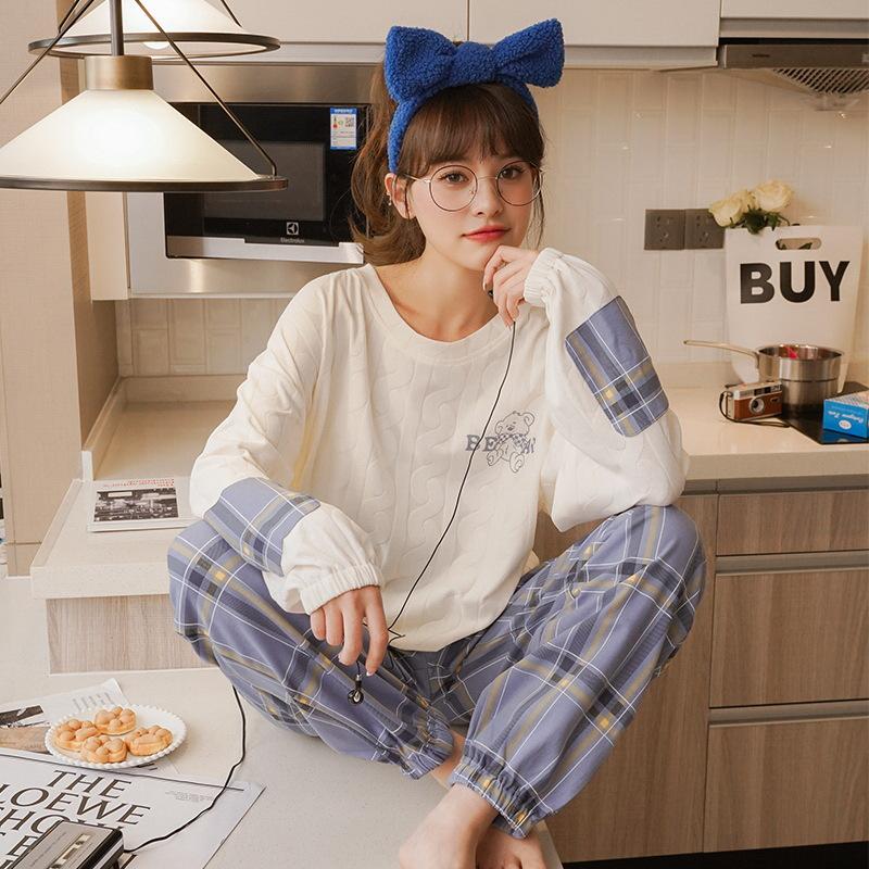 Пижамы с принтом, комплект из двух предметов, студенческий корейский, свободный, повседневный, с круглым вырезом, с длинными рукавами, весенне-осенний, сладкий, негабаритный, шикарный тренд